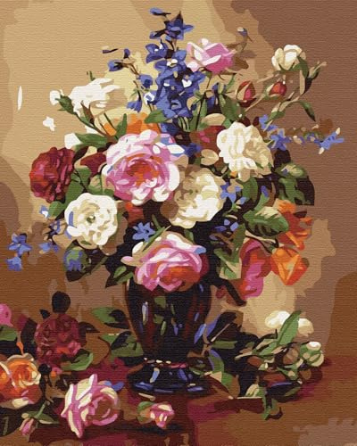 Artnapi Malen nach Zahlen Erwachsene ohne Rahmen | DIY Handgemalt | Blumen - Rosen und Pfingstrosen | Kit für Anfänger und Erwachsene | Set inklusive Acrylfarben & Pinsel | 40x50cm Leinwand