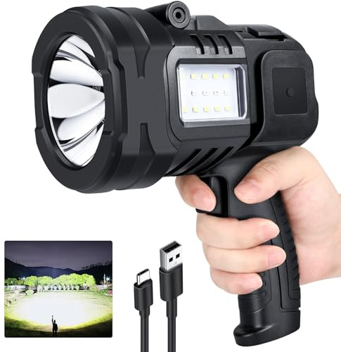 Sigoobal Linterna de foco, 99.000 lúmenes, foco para exteriores, foco LED recargable de mano, 8 modos con luz de mazorca, 10800 Ah, linterna para camping, barco, caza, IPX6 impermeable