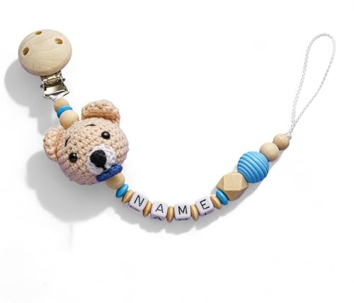 Schnullerband mit Namen für Mädchen & Junge mit Ihrem Wunschnamen - verschiedene Modelle - in DE erstellt (Blau (Bär))