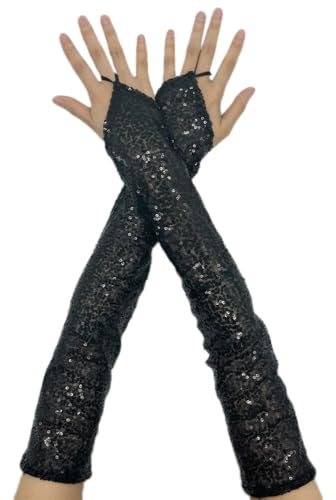 Handschuhe mit Pailletten,Lange Fingerlose Handschuhe Sexy Arm Warmers Armstulpen für Halloween Fasching Karneval Cosplay Maskeradepartys Bühnenperformance Bekleidungszubehör,Schwarz