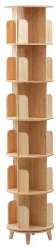 HUXMA 6 Tier Rotating Bookshelf 360 Display Book Shelf Tower Solid Wood Bookcase Shelf