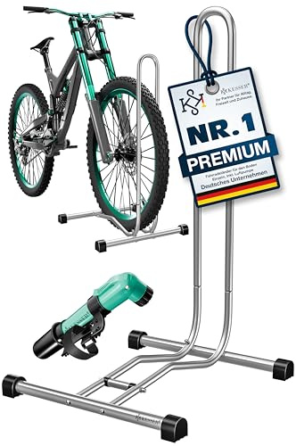 KESSER® Fahrradständer Boden einzeln für Mountainbike, E-Bike, Citybike, Rennrad, MTB | Fahrrad Montageständer | Freistehender Fahrradhalter Ständer Eisen | Reifenbreite bis 65mm | Inkl. Luftpumpe