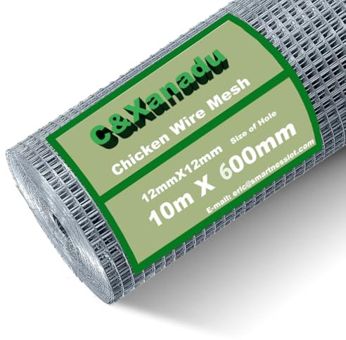 C&Xanad 600mm X 10m Chicken Wire Mesh Roll,Garden Wire Fencing,12mm Holes Aviary Wire Mesh, Hot Dip Galvanised Welded Metal Mesh Panels for Poultry Pet Rabbit,Aviary,Garden Fence Animal Barrier.