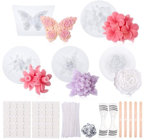 Halinuia 5 Stück Silikon Kerzenformen Set 3D Silikon Rose Hortensie Rose Pfingstrose Kerzenform Kerzenzubehör Geschenk zu Erntedank Weihnachten Jubiläum Muttertag