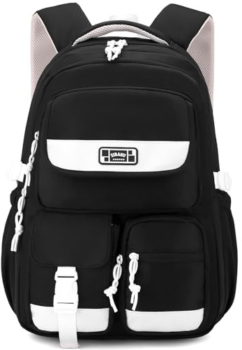 Amythe Rucksack Teenager, Schulrucksack Mädchen mit Vielen Fächern, Schulranzen für Schüler der 3. bis 5. Klasse, Mittel und Oberstufe, Nylon Tagesrucksack für Reisen Freizeit, Schwarz