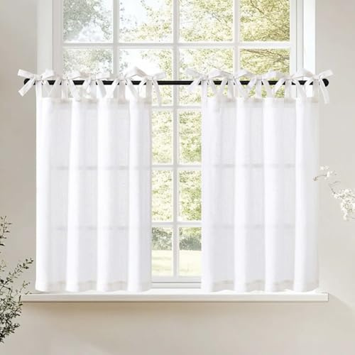 Vangao Cortina Cocina Sólido Blanco Aspecto de Lino Cortinas Cortas Pasantes Ventana 65 x 115 cm 2 Piezas Salon Dormitorio Habitación Moderna Medias Cortinas Interior con moños