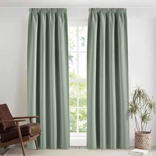 PONY DANCE Blickdichte Gardinen Salbeigrün Thermo Vorhänge gegen Hitze | 2er Set, 260cm Lang, Blackout Curtains, Hitzeschutz, mit Kräuselband für Schiene, Sichtschutz, für Schlafzimmer Wohnzimmer