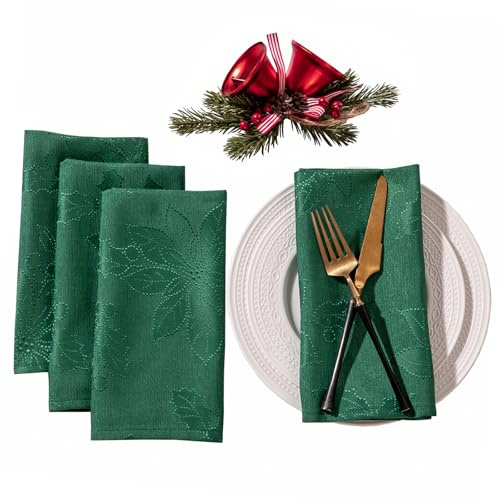 Joyfol Day Green Christmas Cloth Napkins 18 x 18 Inch, Jacquard Fabric Winter Poinsettia Washable Napkins Set of 4, Countryside Florals Dinner Napkin for Xmas Party Decorations
