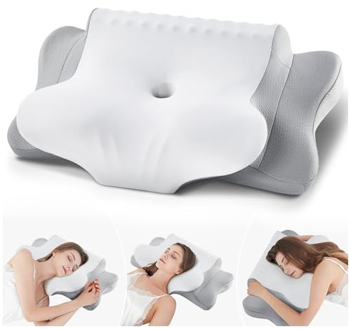 FAIORD Cuscino Cervicale, Cuscino Ergonomico Adatto per chi Dorme su un fianco sulla schiena e a pancia in giù, Cuscino Memory Foam con Federa, 64x39x10/13 cm (Grigio Bianco)