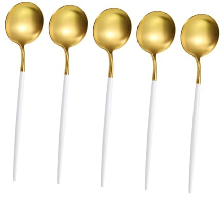 STOBAZA 5 pièces Coffret Cuillères à Soupe Acier Inoxydable Rondes Cuillères de Service pour Soupe Porridge et Riz Poignée Confortable Nettoyage Facile pour Usage Domestique et Hôtelier