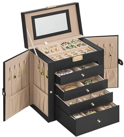 SONGMICS Boîte à Bijoux 5 Niveaux, Écrin à Accessoires avec 4 Tiroirs, Coffre de Rangement, avec Miroir Intérieur, Verrouillable, Rangement pour Bijoux, pour Montres, Noir d'Encre JBC153BZ02