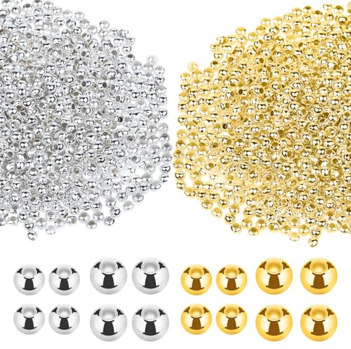2 200 stycken guld silver avståndshållare pärlor – premium metall runda pärlor för gör-det-själv armband halsbandstillverkning, smycken pysseltillbehör, startskyddade järnkulpärlor i tvåfärgad (2,4 mm