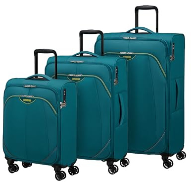American Tourister Poproll - 3-delars mjuk resväskeset (Handbagage, Medium, Stor), Lätt - Grön (Teal)