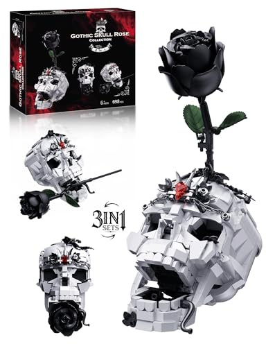 ONIMISC Ensemble de construction de fleurs artificielles 3 en 1 avec tête de mort et roses noires, décoration de maison ou de bureau, cadeau de Noël et de Saint-Valentin pour adultes, femmes