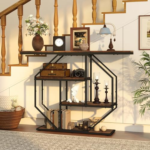 YU YUSING Console d'Entrée Industrielle de 105 cm, Table d'Entrée en Bois 4 Niveaux, Cadre Métallique Géométrique, Tables d'Appoint Canapé, Console Meuble Vintage pour Salon, Couloir, Bureau
