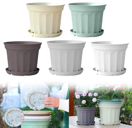 Lot de 5 pots de fleurs avec soucoupe - 21 cm - En plastique robuste - Pour plantes d'intérieur et de balcon - Design coloré - Pour plantes décoratives