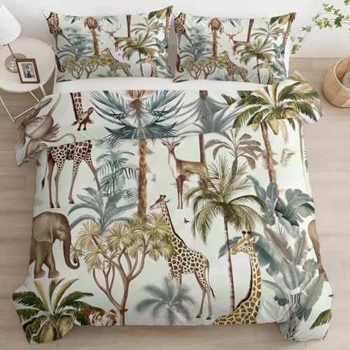 Bettwäsche-Set Wildtiere Afrika Savanne Exotisch, Beige Atmungsaktive Hypoallergen Kopfkissenbezug Bettbezug mit Reißverschluss Schließung, Bettdeckenbezug für Kinder Jungen Mädchen 135 x 200 cm