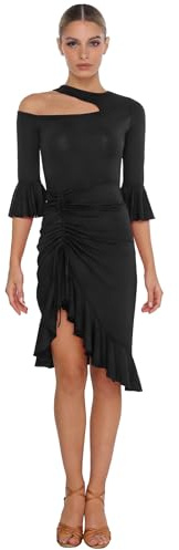 inlzdz Abiti da Ballo Donna Monospalla Vestito da Latino Americano con Nappa Vestiti da Tango Rumba Salsa Samba Valzer con Pantalocni Costume Danza del Ventre Nero A XL