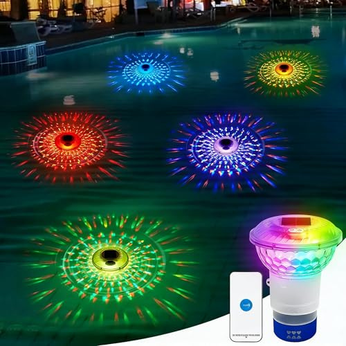 Mineup Dosierschwimmer Pool, Schwimmer für Chlortabletten, Chlordosierer für Pool mit LED Poolbeleuchtung Solar, Einstellbare Freigabe & Leichtes Öffnen, RGB Pool Licht, Pool Deko Lampe