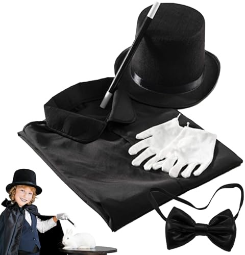 Peosaard kostymer för barn, trollkarlskostym barn låtsas spela rollspel magikerset inkluderar hatt, handskar, trollspön, slips och kappa utklädningskostymer för halloween, fest, scen, halloween