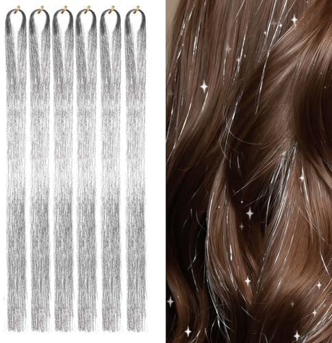 6 PCS Hair Tinsel Extensions, 48cm Holographic Glitter Strands, Colorful Synthetic Highlights for Party Christmas Halloween, Silver