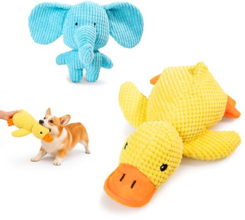 Potaroma Plüsch-Hundespielzeug 2er-Set, Ente und Blauer Elefant | mit Quietscher und Knisterpapier, weiches Plüschspielzeug und Hundekuscheltier für Welpen, kleine und mittlere Hunde