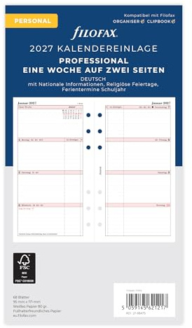 Filofax Inserto per calendario Personal Professional, 1 settimana su 2 pagine, in tedesco 2027