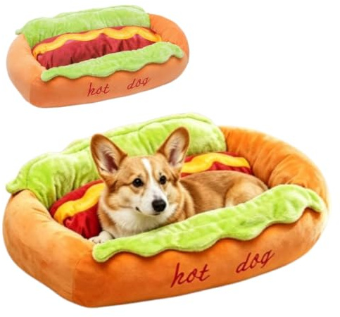 Hot Dog Hundebett, weiches Plüschkissen, gemütliches Kissen, Haustierbett für kleine Hunde und Katzen, abnehmbar, waschbar, Neuheit Dackel-Haustiermatte mit dickem Fleece, waschmaschinengeeignet