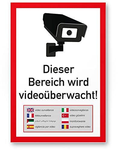 Komma Security Bereich Videoüberwacht Schild mehrsprachig 20 x 30 cm - Achtung Vorsicht Videoüberwachung - Hinweis Hinweisschild Videoüberwacht - Warnschild Warnhinweis Videoüberwachung