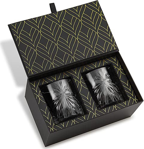 Whiskyglas i kristall – europeiskt tillverkat set med 2 soleil glasglas (315 ml) för Scotch, Bourbon, gammaldags cocktails och drycker – elegant presentförpackning i guldfolie