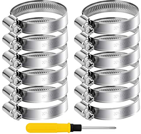 ilauke Schlauchschellen Edelstahl 32-50 mm, 12 Stück Schlauchklemme Edelstahl Breite 12 mm, Schlauchschellen Set Rohrschellen für Poolschlauch, Auto, Haus Gas Rohr, Gartenschlauch, Teich