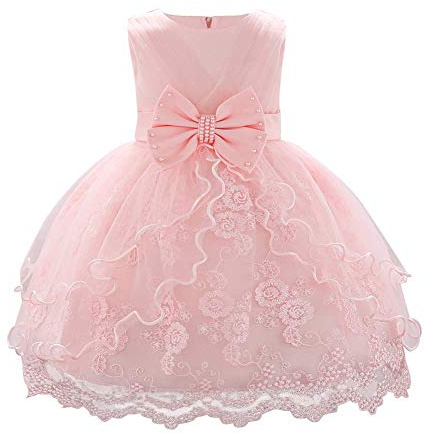 IBAKOM Robe Fleurie Bébé Fille Brodé Fleur Princesse Demoiselle d'honneur Mariage Anniversaire Fête Formelle Baptême sans Manches Robe Tutu Princesse Rose 12-18 Mois