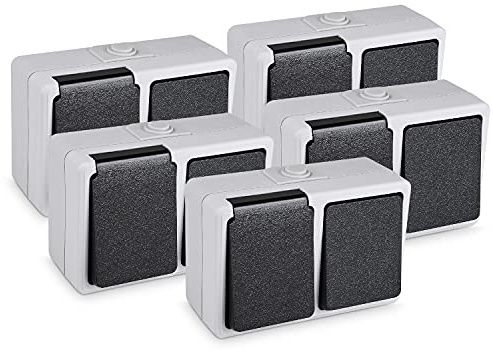 HEITECH Aufputzsteckdose & Aufputzschalter Kombination IP44 - Neues Modell - 5x Aufputz Schutzkontakt Steckdose & Wechselschalter AP für Feuchtraum - Schutzkontaktsteckdose 250V 16A