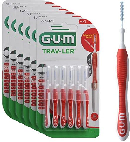GUM TRAV-LER Interdentalbürsten | für gründliche Reinigung zwischen den Zähnen | flexibler Griff | Zahnreinigung und Plaque Entfernung | 0.8mm, ISO 1 | Größe S | 6x6 Packung