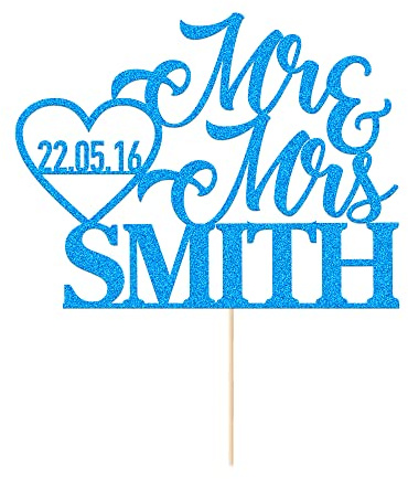 Personalised Wedding Cake Toppers Decoration Favours Customised Wedding Gifts for Couple Double Sided Glitter Paper with Any Name Date (Blue)