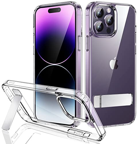 JETech Kickstand Case for iPhone 14 Pro Max 6.7-Inch, Support Wireless Charging, Slim Shockproof Bumper Phone Cover, 3-Way Metal Stand (Clear)