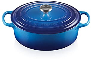 Le Creuset Signature Gusseisen-Bräter mit Deckel, Ø 25 cm, Oval, Für alle Herdarten und Induktion geeignet, Volumen: 3,2 l, 3,672 kg, Azure, 21178252202430
