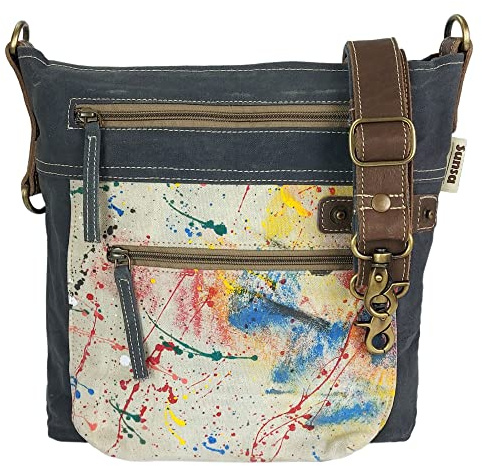 Sunsa Damen Umhängetasche. Schultertasche aus Canvas & Leder, schwarz/bunt | Tasche mit viel Reißverschlusse Fächern. Mittelgroße Crossbody bag mit verstellbaren Gurt . Damentasche für Freizeit & Alltag