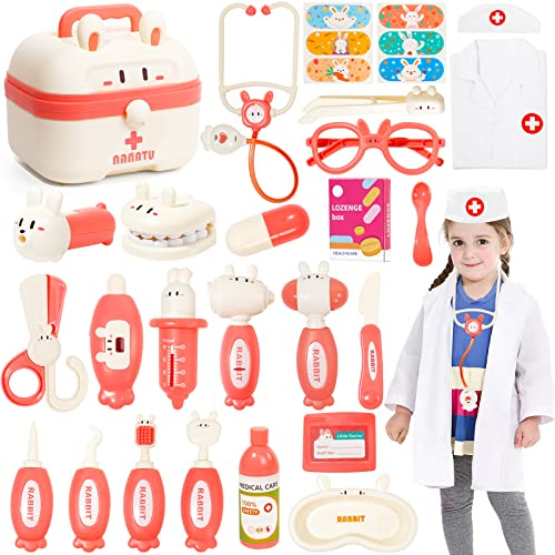 Arztkoffer Kinder Spielzeug Ab 3 Jahre, 25Stk Doktorkoffer Kinder Mit Stethoskop Otoskop Mit Licht Zahnarzt Rollenspiele Kinder Ostern Hase Kuscheltier Für Geschenk Mädchen 3 4 5 6 Jahre