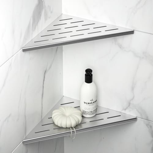 Bernkot 10'' Corner Shower Shelf 2PCS, 304 Stainless Steel Grout in Shelves for Tiled Wall, Recessed Bathroom Shelves (10'', Silver)