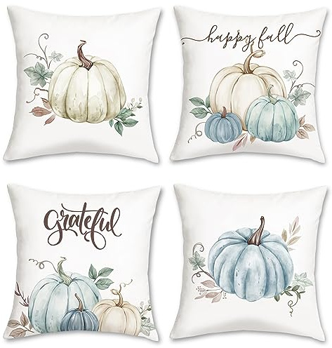 Bonhause 4er Set Kissenbezüge Herbst Kürbis 45 x 45 cm Beige Blau Kürbis Samt Soft Dekorative Kissenhülle Zierkissenbezüge für Sofa Schlafzimmer Wohnzimmer Zuhause Dekoration | Ernte-Herbst-Kissenbezug, dekorative Kissen für Sofa, Couch, weicher Samt, versteckter Reißverschluss, Herbstdekoration