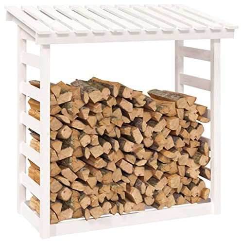 Homgoday Kaminholzregal für den Innenbereich, weiß, 108 x 64,5 x 110 cm, aus massivem Kiefernholz, Holzhalter für Kamin, für den Innenbereich, stapelbarer Kamin für den Außenbereich, Holzregal