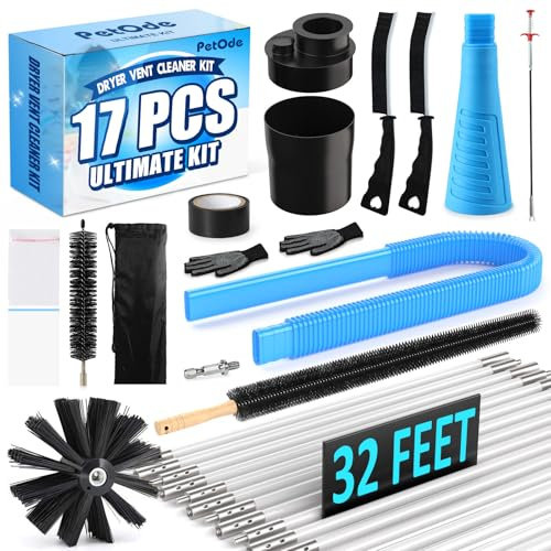 PetOde Dryer Vent Cleaner Kit 16-Piece All-Round Dryer Vent Cleaning Kit Lint Remover with 30 Feet Dryer Vent Brush, Vacuum Cleaner Hose Attachment, Flexible Lint Trap Brush, Vacuum & Dryer Adapters