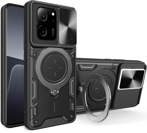Funda para Xiaomi 13T/13T Pro, Cubierta de cámara Deslizante Proteger Militar Antigolpes Protectora Carcasa con 360 Anillo Soporte PC y Silicona TPU,Negro