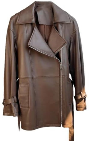 Hdhdeueh Damen Echtes Leder Lange Mäntel Moto Biker Schaffell Leder Trenchcoat, coffee, 46