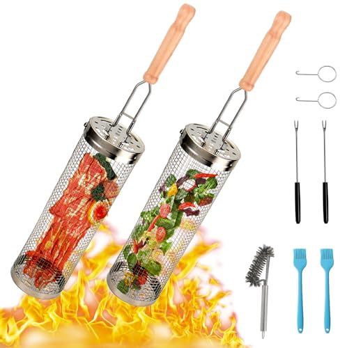 2 Stück Grillkorb Edelstahl mit Abnehmbarem Griff, Grill Zubehör BBQ GrillgemüSe Grillkorb Zylindrisch, Rolling Grillkorb Grillzubehör Camping und Terrassengrills Freien