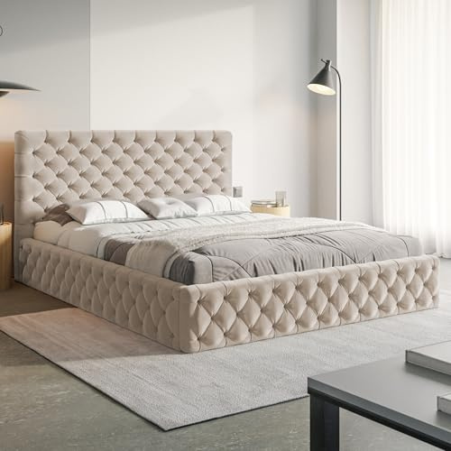 MOTIVENA Dalia Chesterfield Bett 120x200 Beige Samt, mit Stauraum, mit Kopfteil, mit Lattenrost, ohne Füße, ohne Matratze, Chesterfield Polsterbett 120x200 mit Bettkasten Beige (Creme)