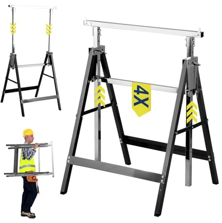 Fiqops Set di 4 cavalletti da lavoro regolabili in altezza, portata 200 kg, cavalletti 7 livelli regolabili in altezza 80-130 cm, stabile cavalletto pieghevole per uso versatile (nero)