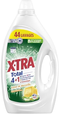 X-Tra Total - Lessive Liquide - 4+1 - Propreté - Eclat - Fraîcheur - Engagé pour vous - Economique - Aloe Vera & Savon de Marseille - Efficace des 20°C - Convient aux Peaux Sensibles - 44 Lavages