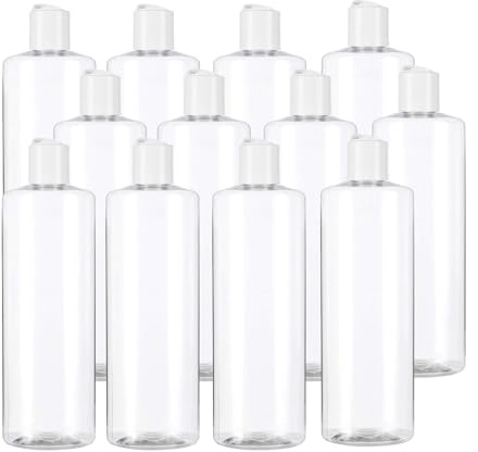 500Cosmetics Botella transparente de plastico PET 500 ml con tapón de disco blanco rellenable para gel, champú, colonias, lociones, gel hidroalcoholico (12)